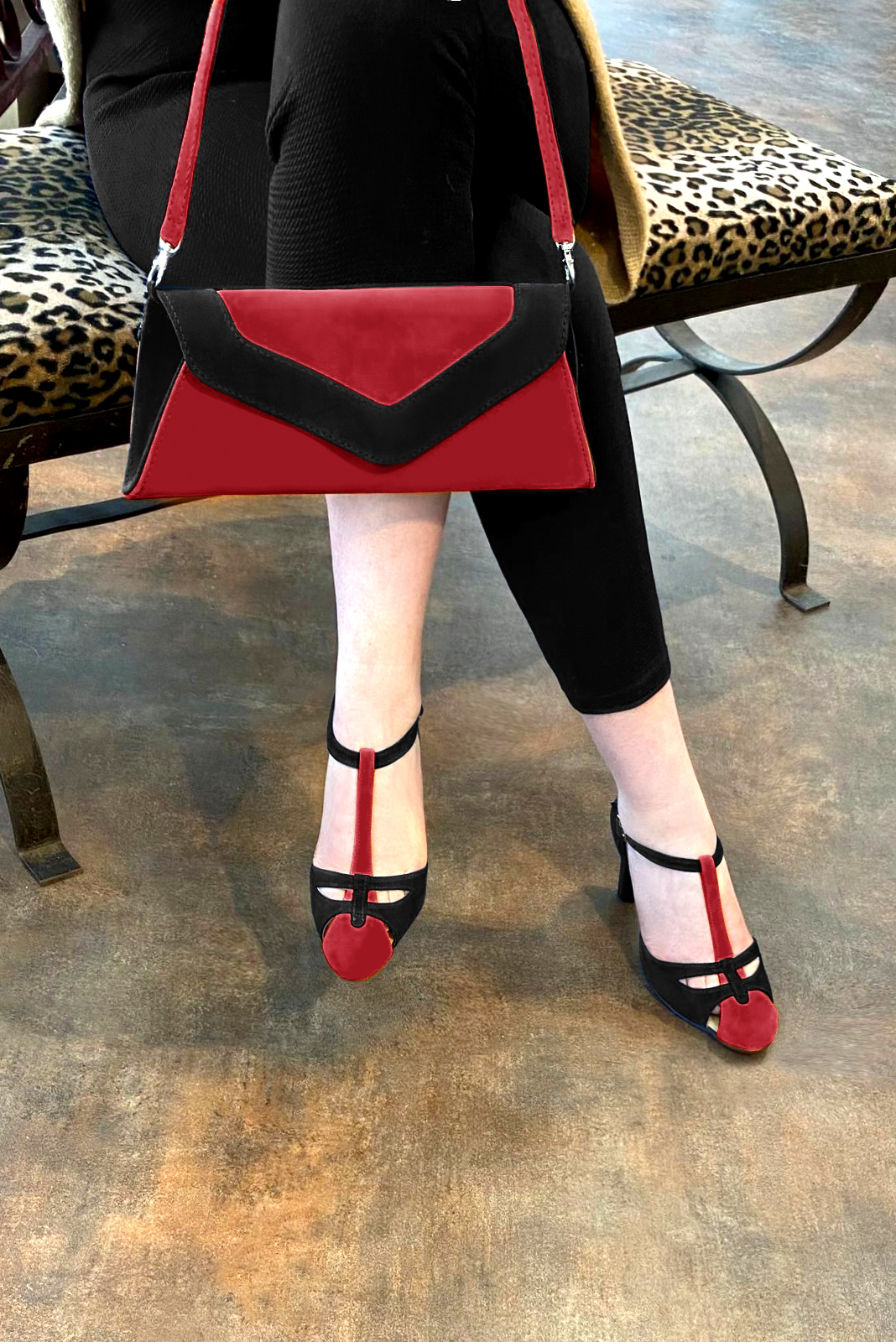Cardinal red and matt black women's T-strap open side shoes. Round toe. High kitten heels. Worn view - Florence KOOIJMAN